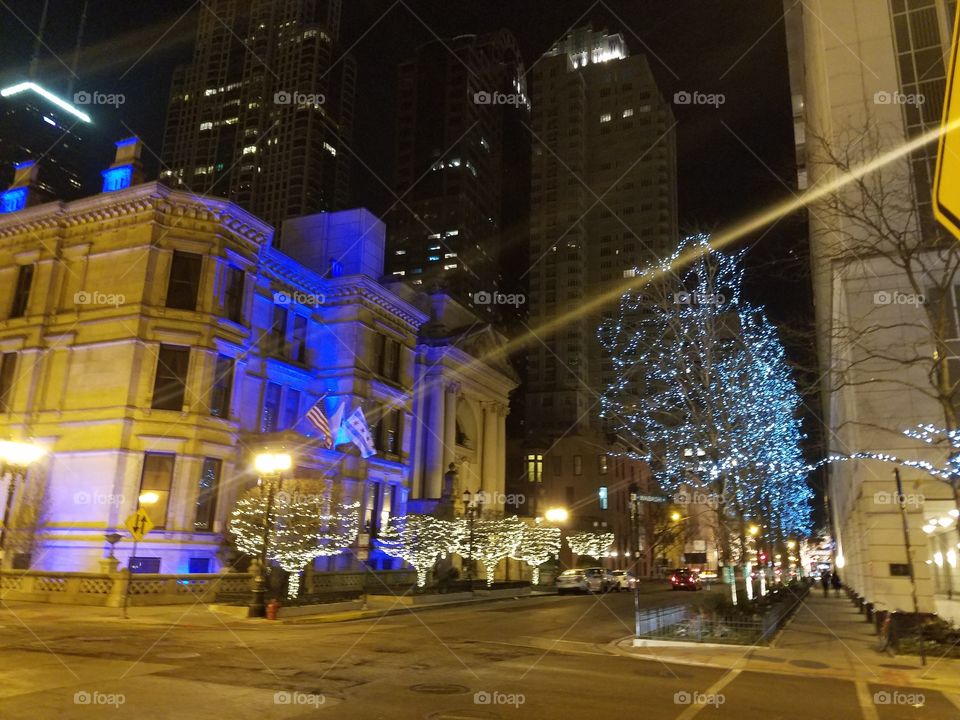 holiday lights on a Chicago street at night