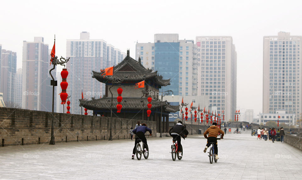 View from the top of the City Wall around Xi'an in China.