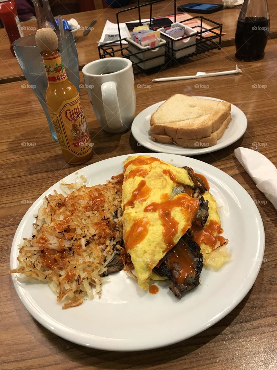 An omelette and hash brown supper at Denny’s.