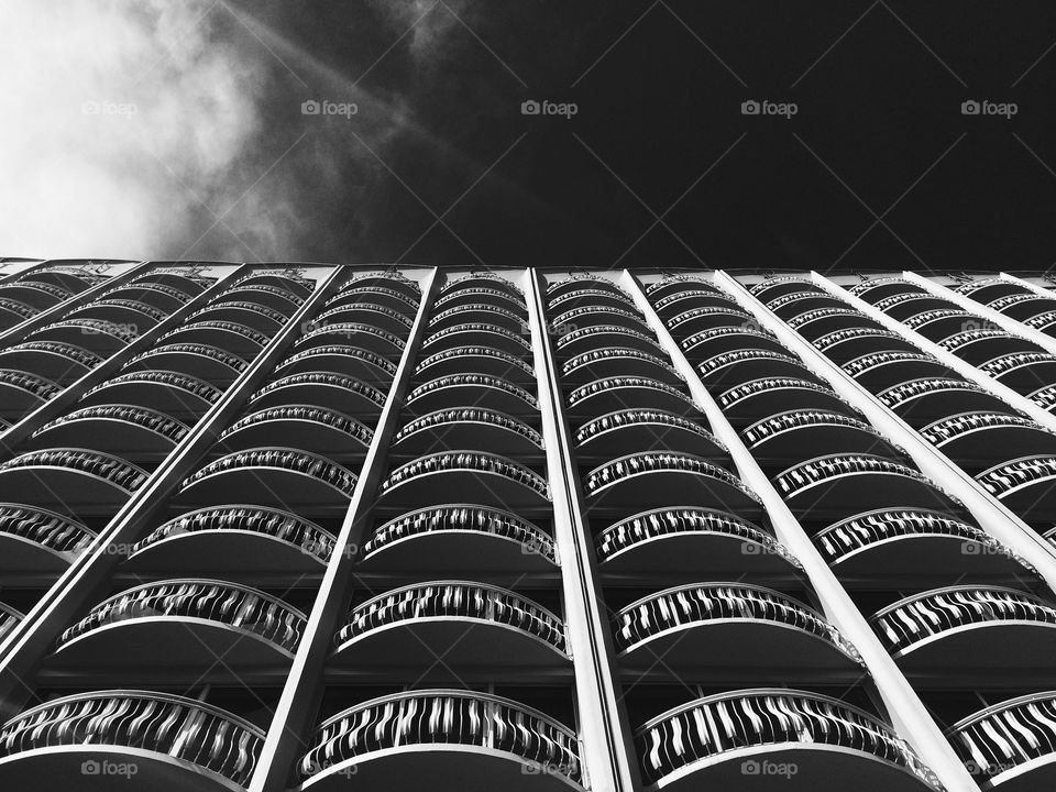 Balcony design. Black and white hotel