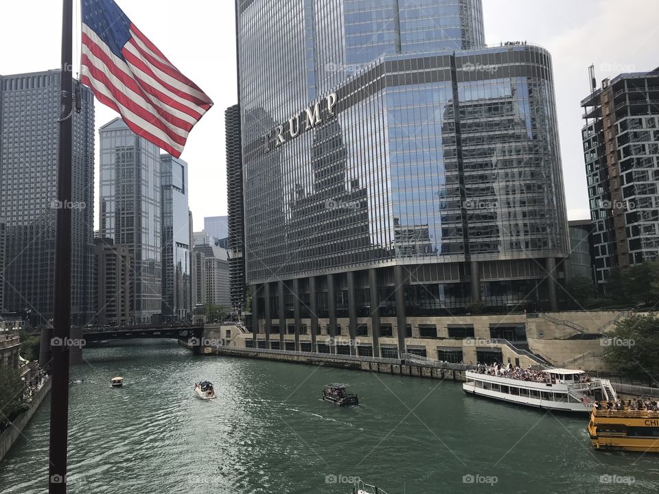 Chicago River, American flag, trump tower