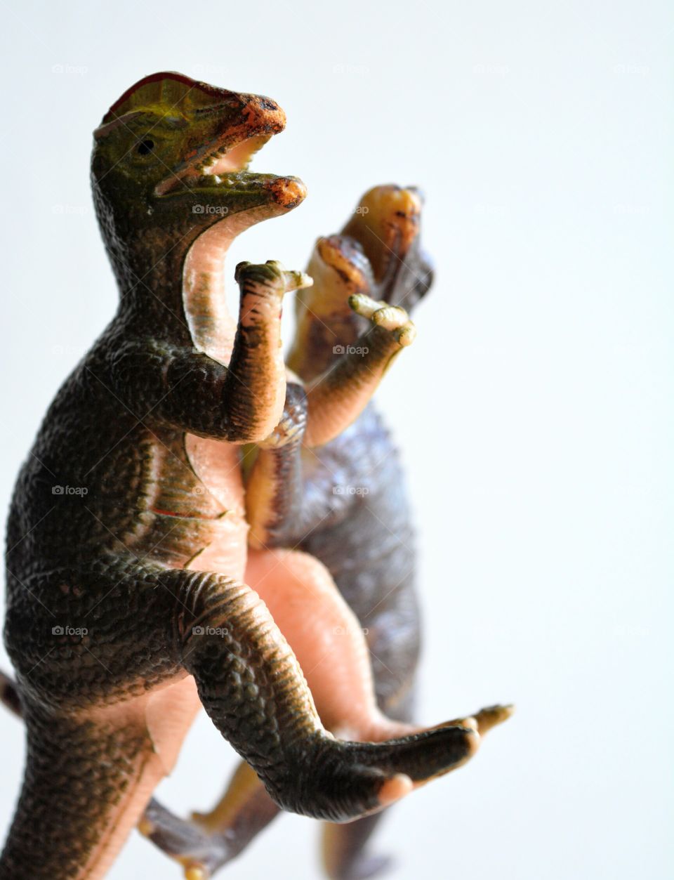 playing toys dinosaurs macro on a white background