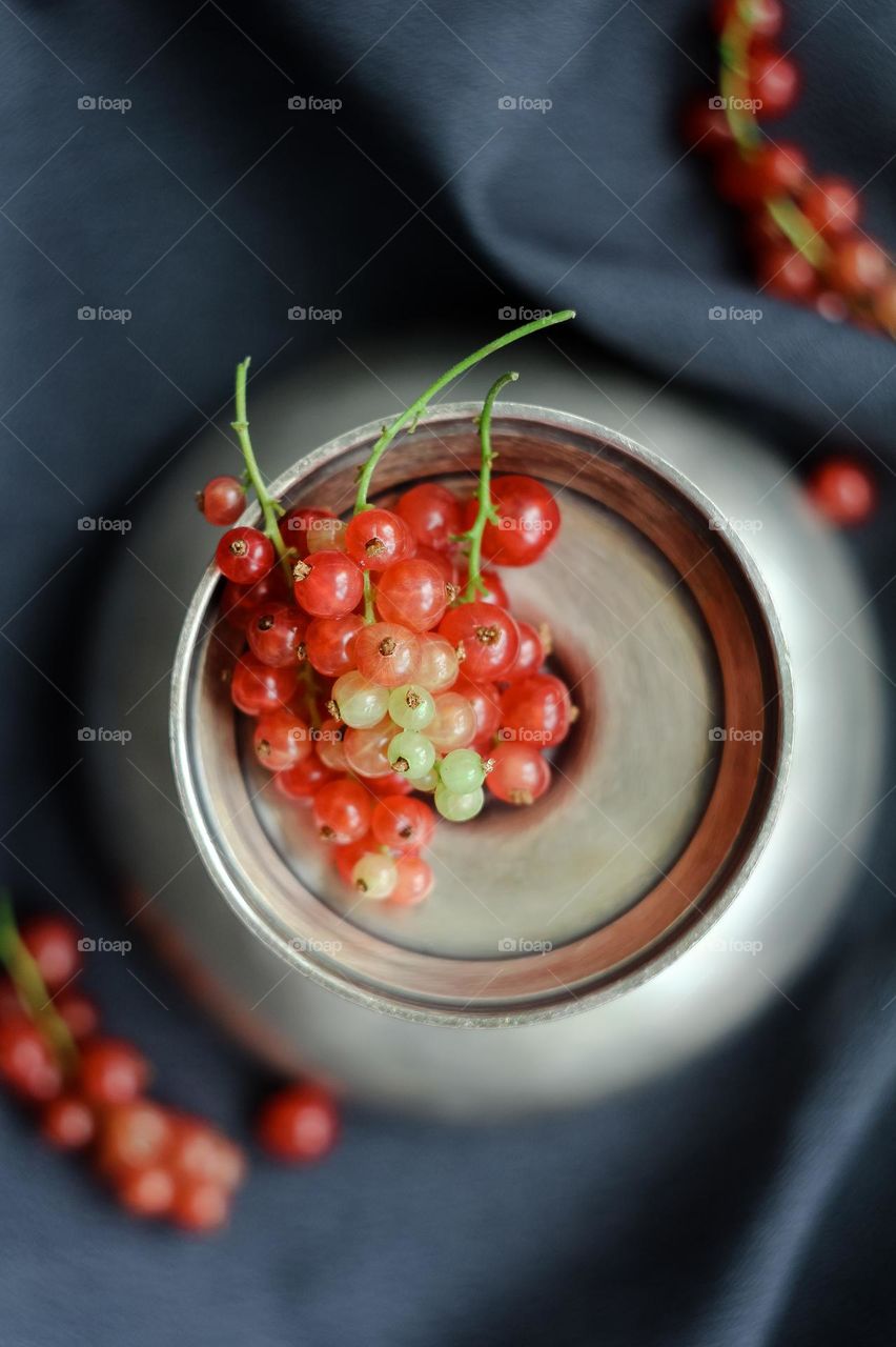 Red currant in a grey vase