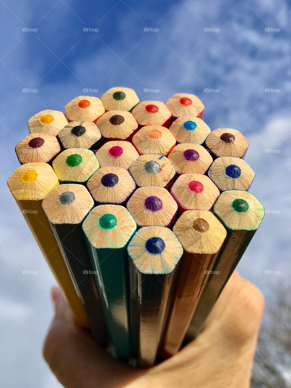 Person's hand holding colorful pencils