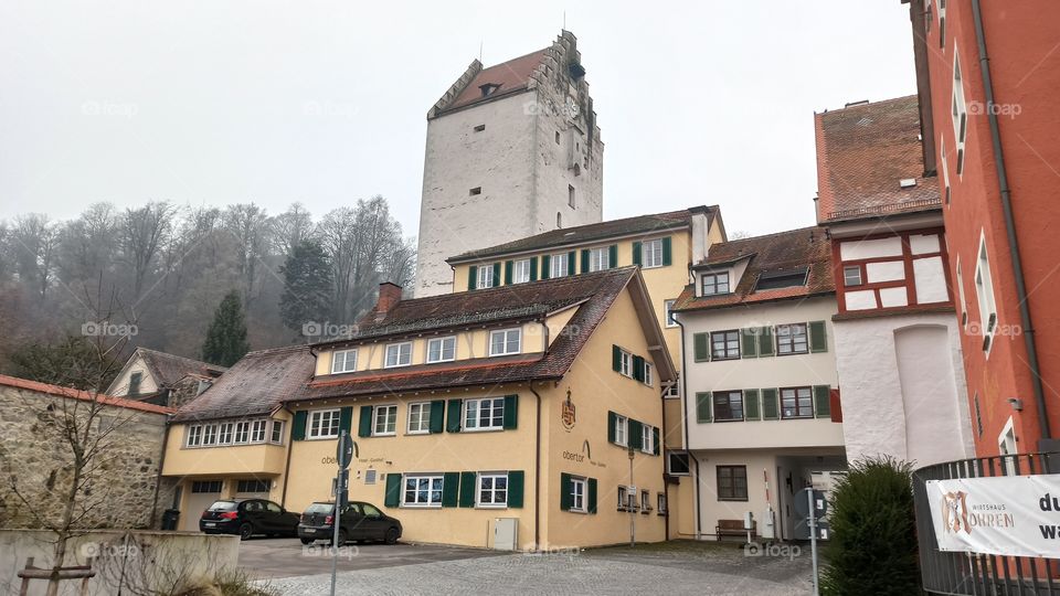 Obertor mit Hotel vom Gänsbühl Ravensburg Oberschwaben Baden-Württemberg Deutschland