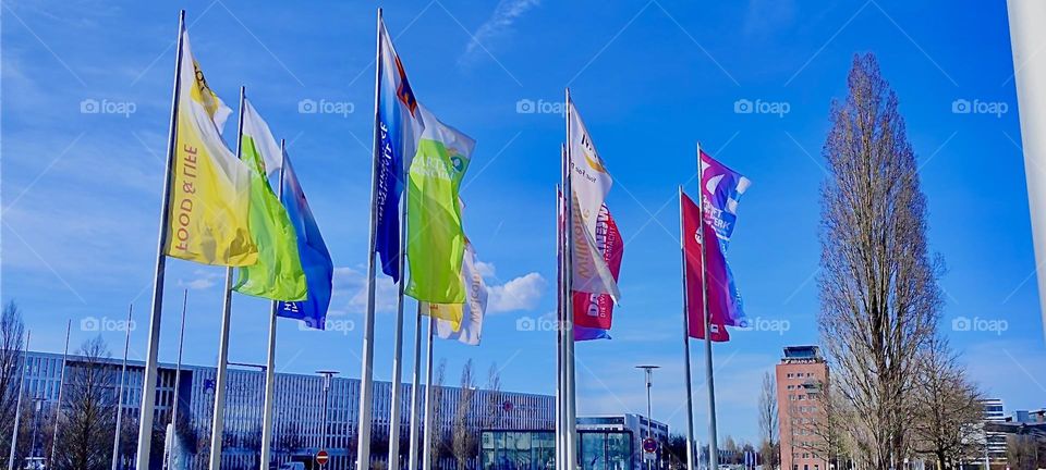 These colorful flags invite to attend one of several trade shows that are taking place in “München” or “Munich” at the beginning of March 2024. Hypnotic Productions