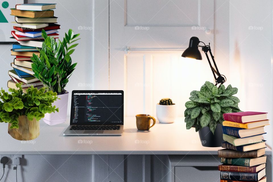 beautiful white desk with books plants or books with white background photography
