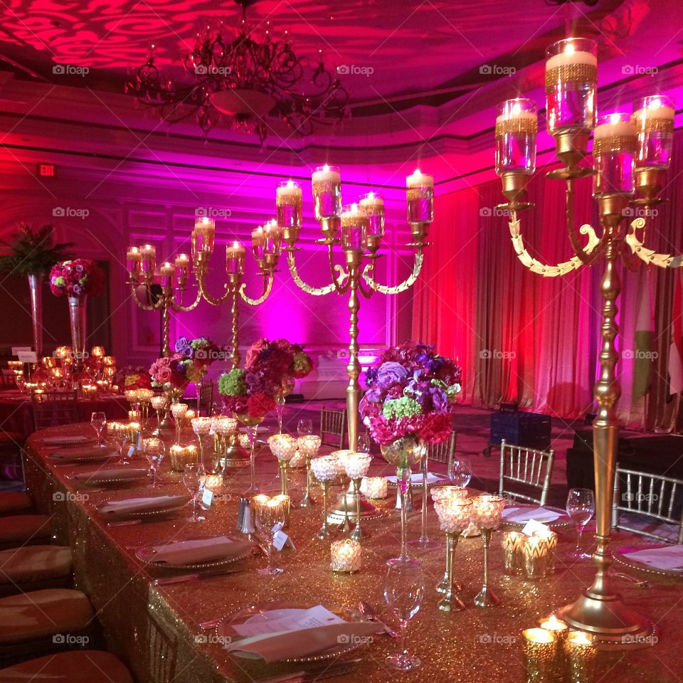 A grand soirée . Glamorous wedding / special event in hotel ballroom.