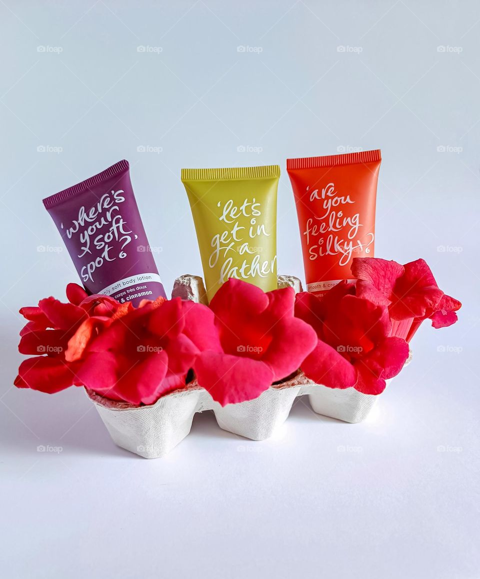spa treatments concept. shower gels of different colors and scents