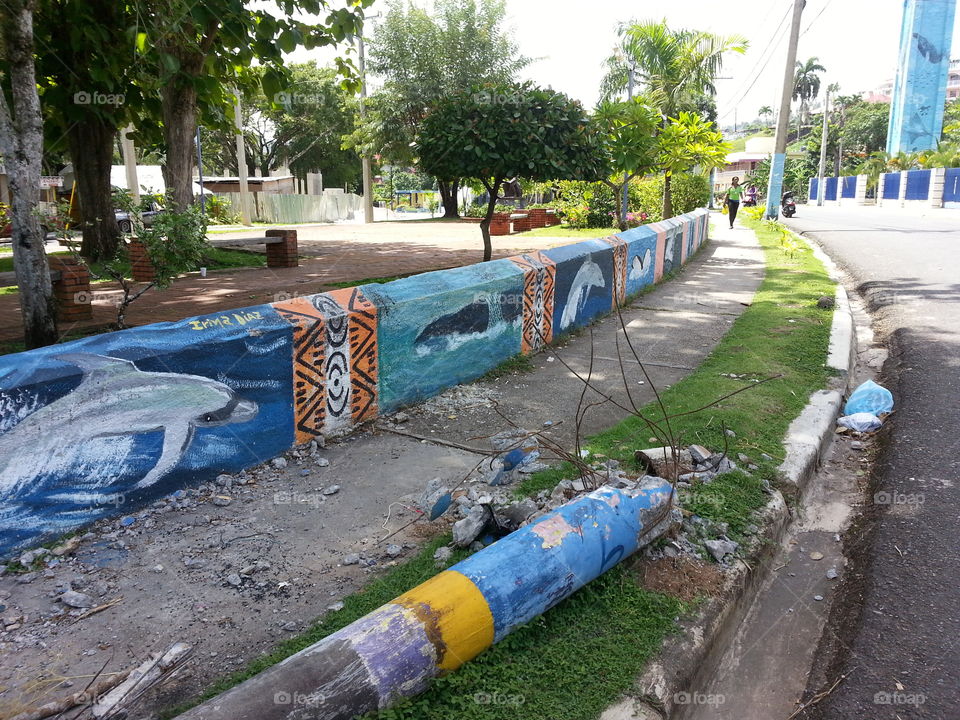 Painted wall and crashed pole