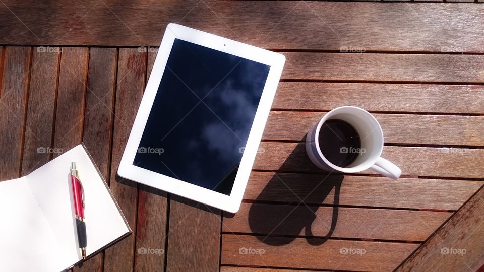 Laptop, Coffee, Wood, Table, Blank