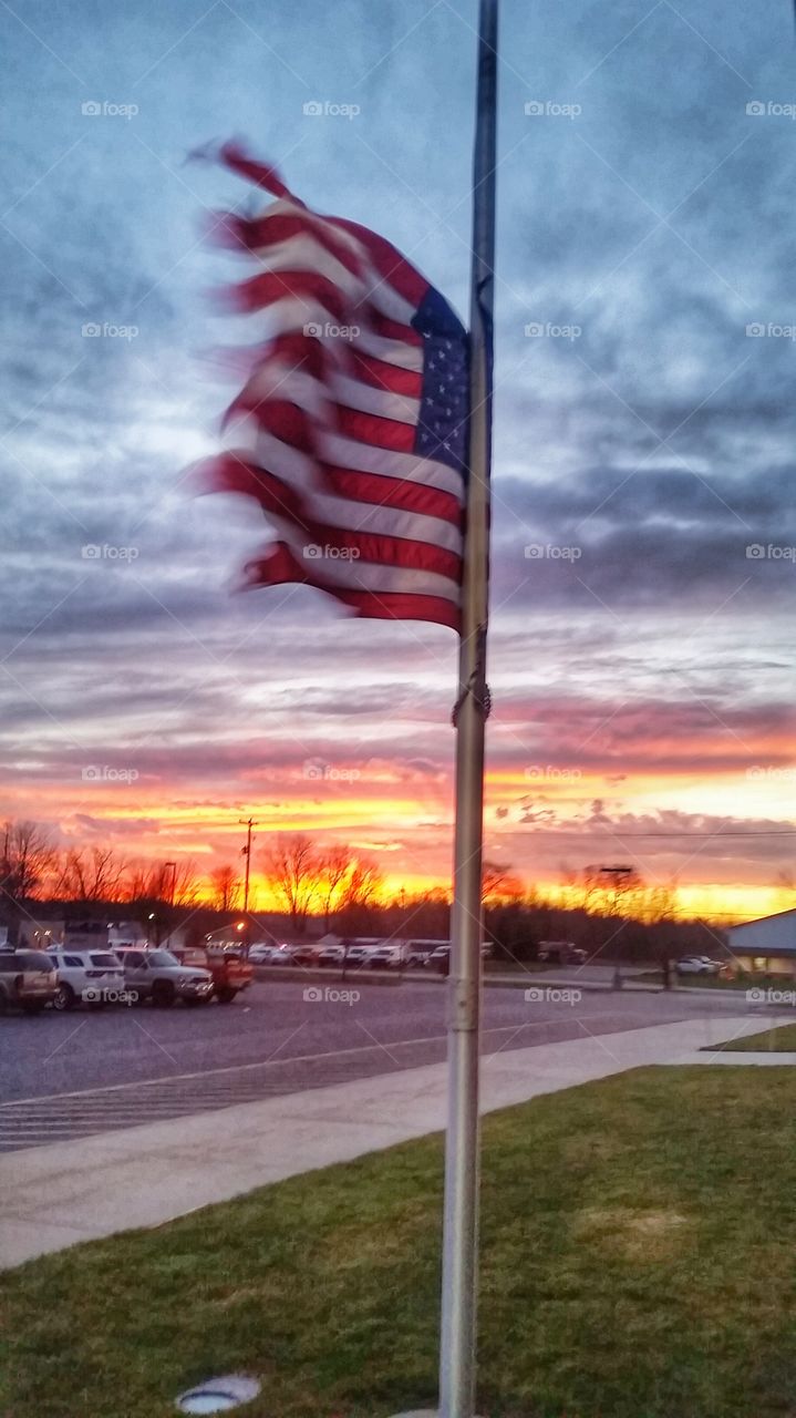 USA flag at sunset