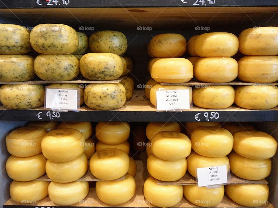 Variety of Dutch Round Cheese on the Shelf