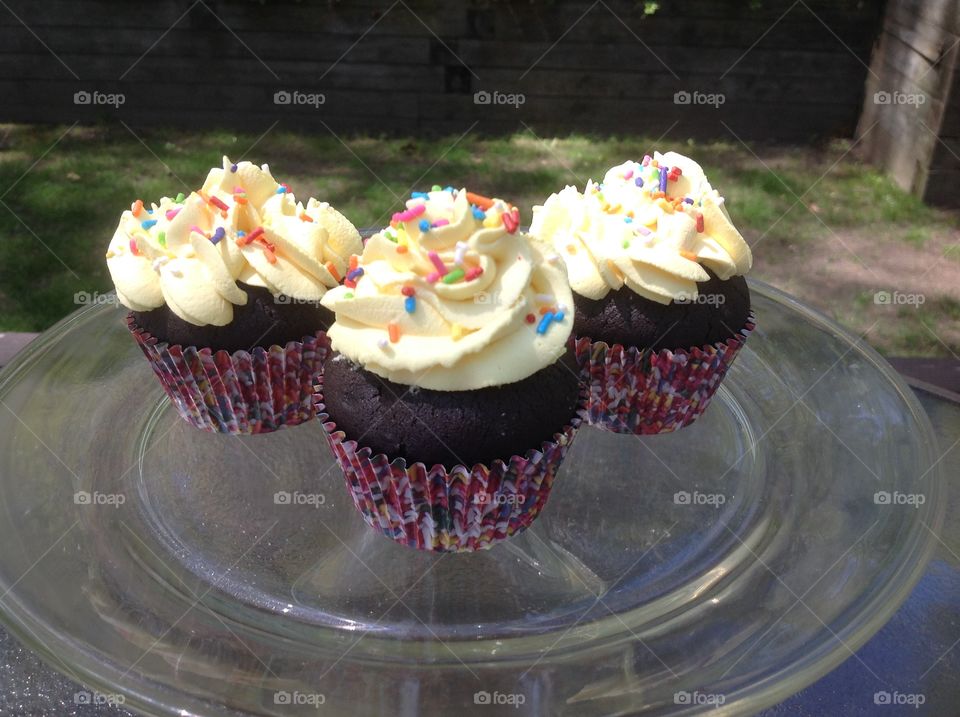 Delicious chocolate cupcake with rainbow sprinkles.