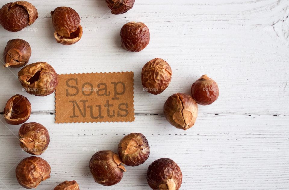 Soap nuts or soap berries on weathered white wooden background with identification placard in natural light