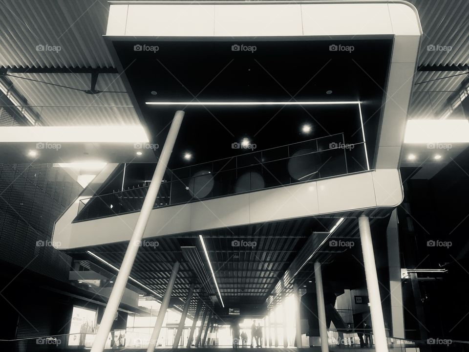 Central Boulevard of the Excel London exhibition centre looking up to the ICC Capital Lounge. Spring.