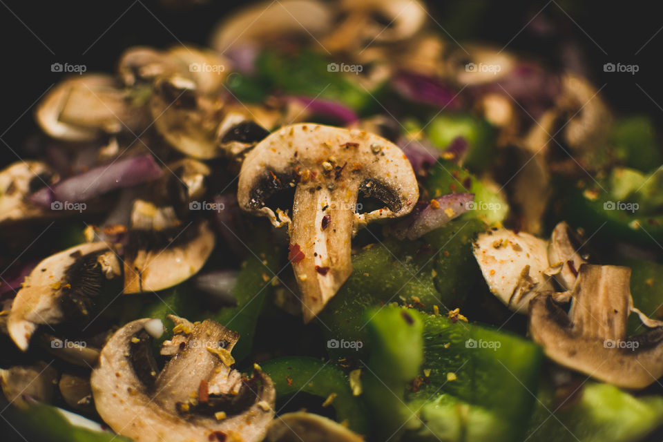 Close-up of Mushroom with green bell pepper