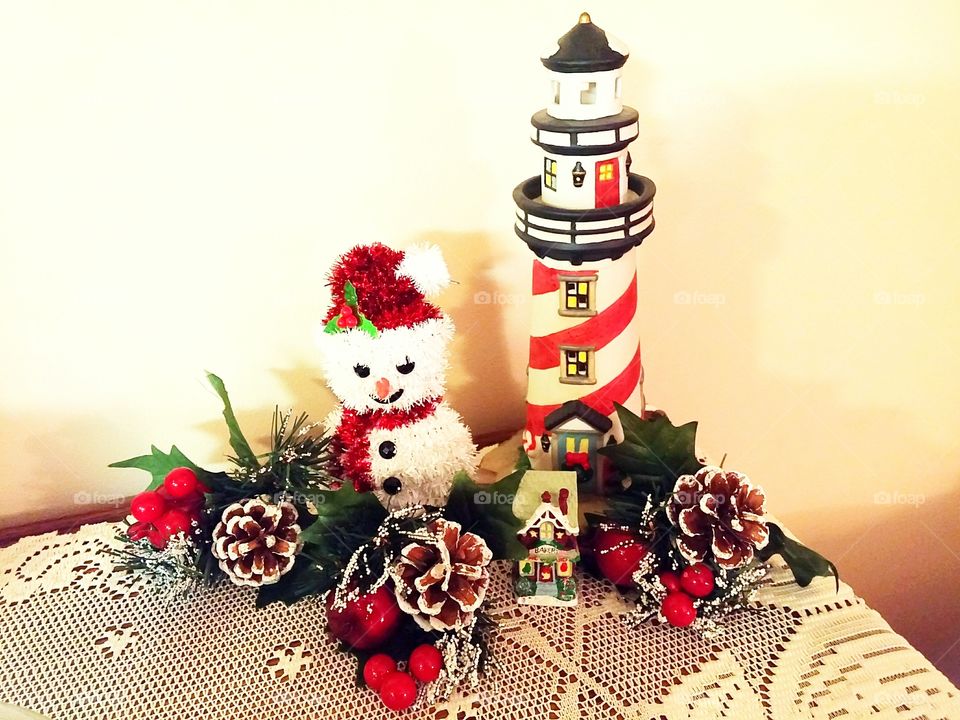 Snowman, Lighthouse, Pine