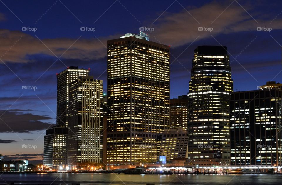 Downtown Manhattan Skyscrapers at Night