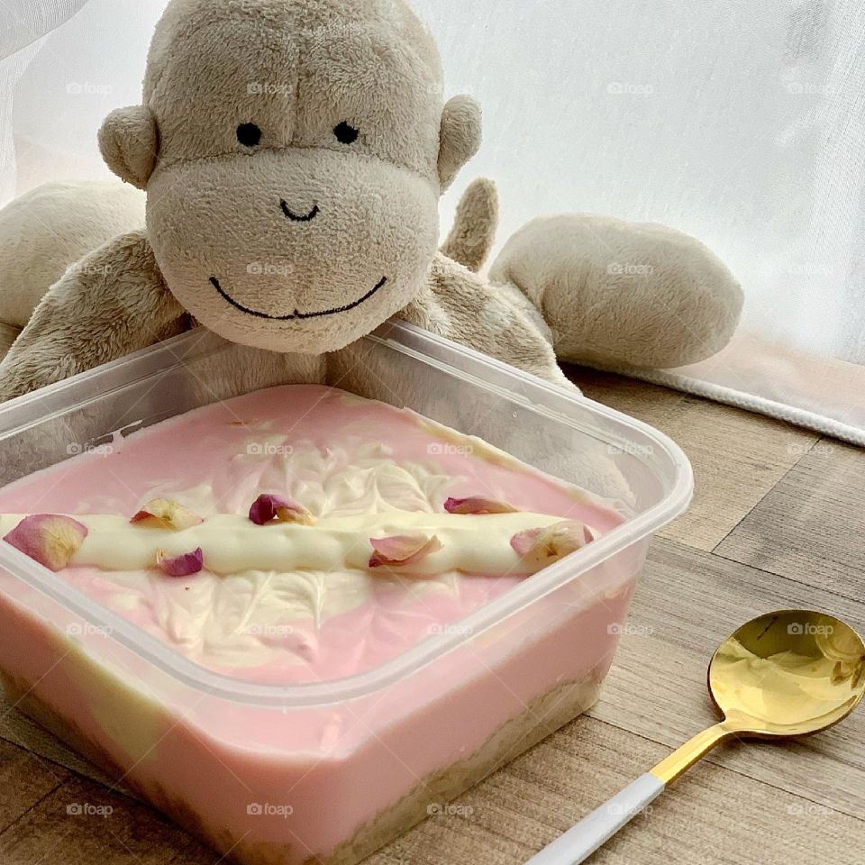 Rose and lemon no baked cheesecake on a sunny hot afternoon 