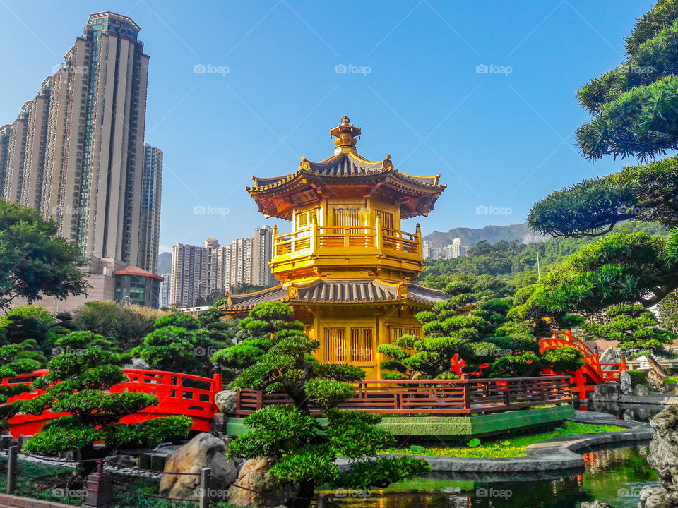 Landmark of Hong Kong - Nan Lian Garden Chinese Classical Garden, Golden Pavilion of Perfection in Nan Lian Garden, Hong Kong on November 2016
