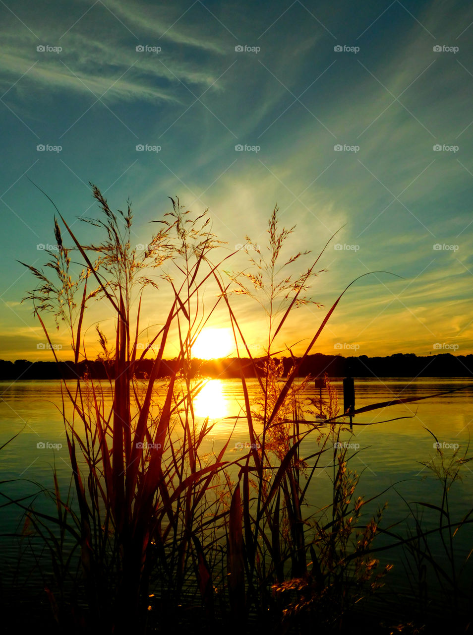 Sun reflecting on the lake at sunset