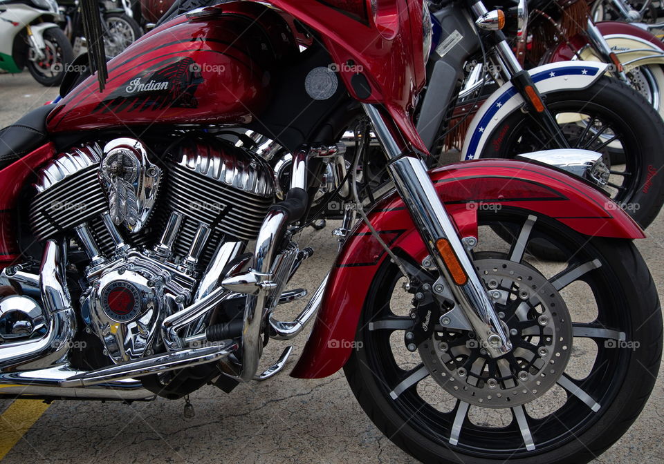Indian motorcycle close up showing  the chrome
