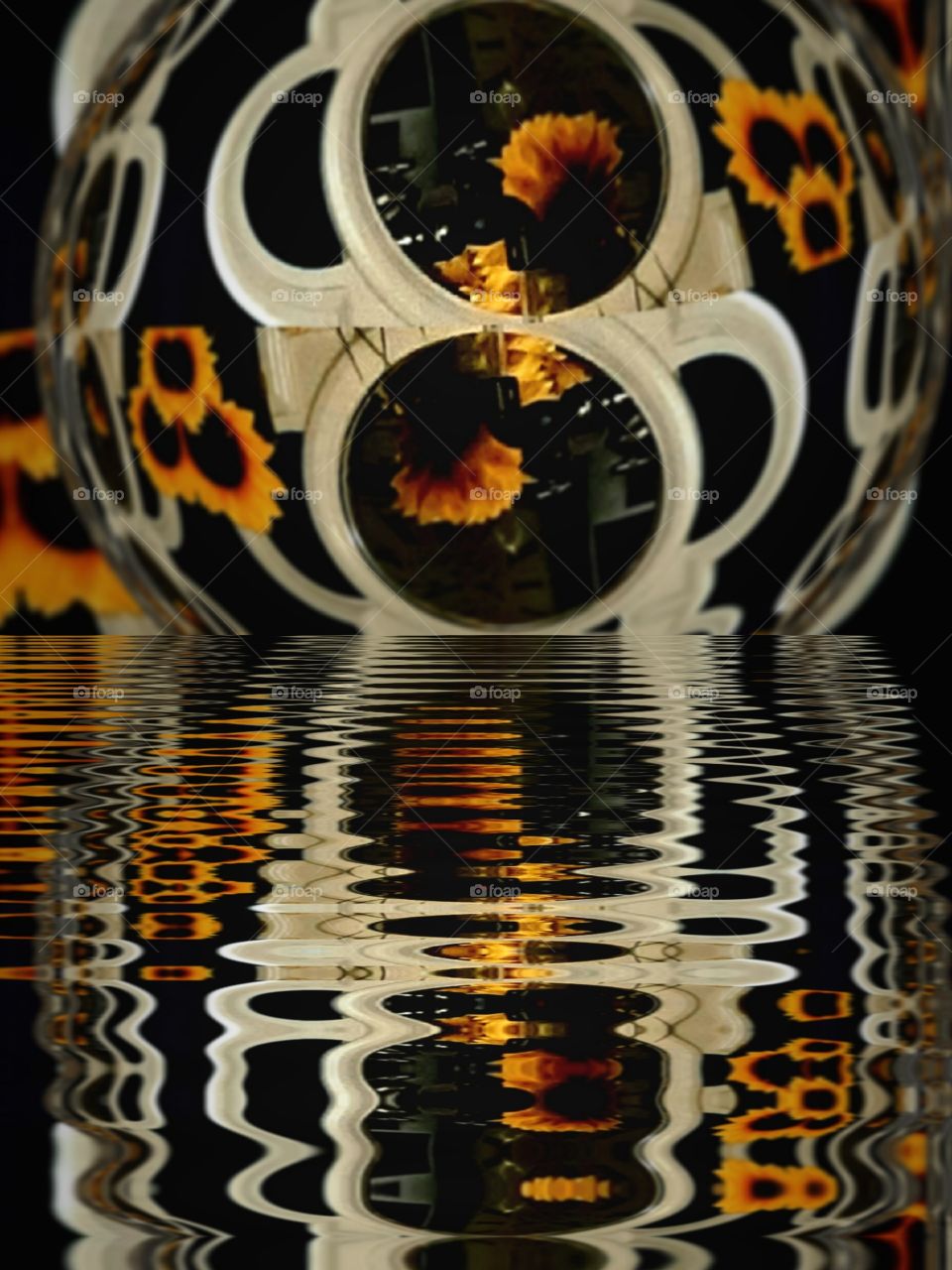 mirror image of mirror reflecting sunflowers and a ripple effect.