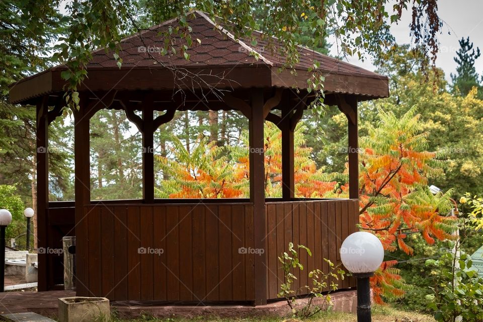 Beautiful autumn picture of a gazebo among colourful trees and shrubs in a park