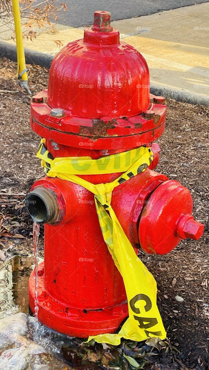 A bright red fire hydrant with a vibrant yellow caution paper attached, releasing a steady stream of water. The vivid colors contrast against the surroundings, creating a striking and dynamic scene.