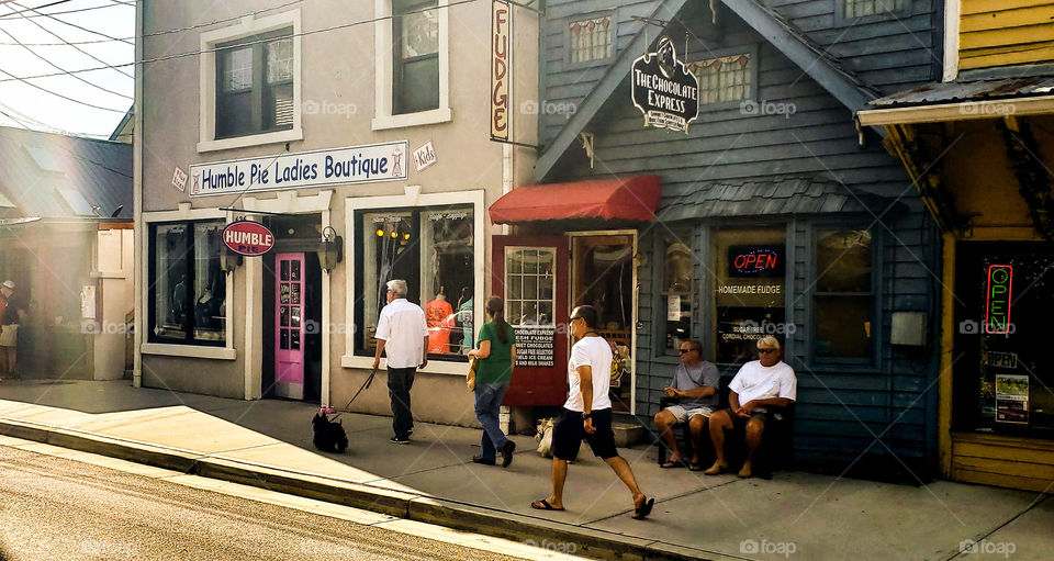 Tourists shopping in a mountain town.