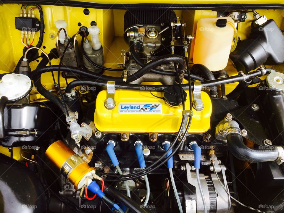 Mini engine yellow. Brighton mini car show