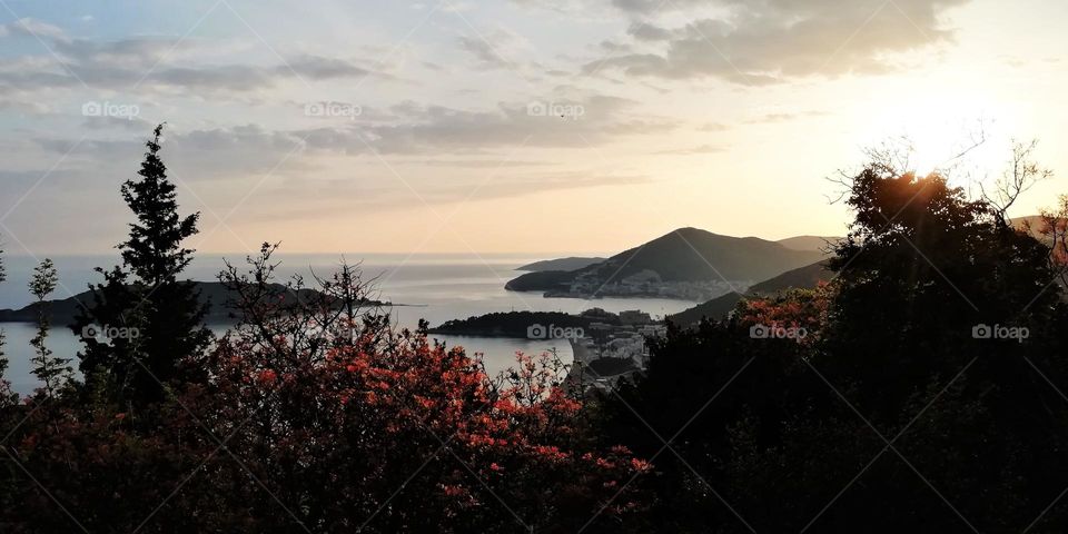 Majestic Montenegrin mountains in the rays of sunset.