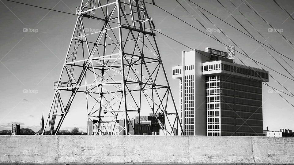 Office building and pylon in Bridgeport, Connecticut 