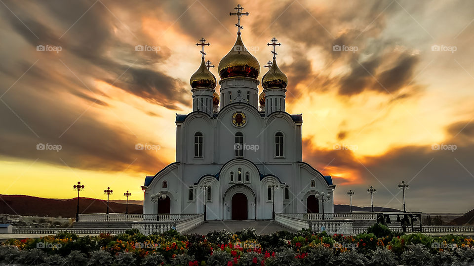 Church russian kamchatka sunrise