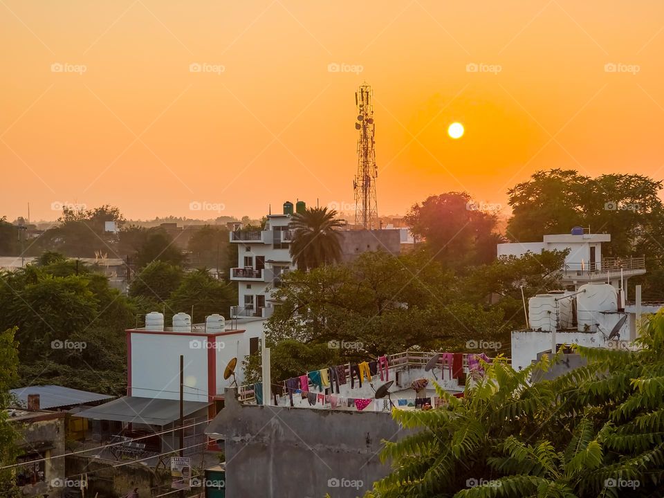 Beautiful landscape view from high building during sunset