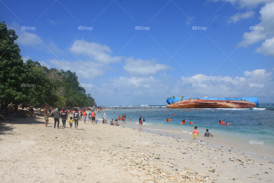monument ship, stranded on the beach pangandaran