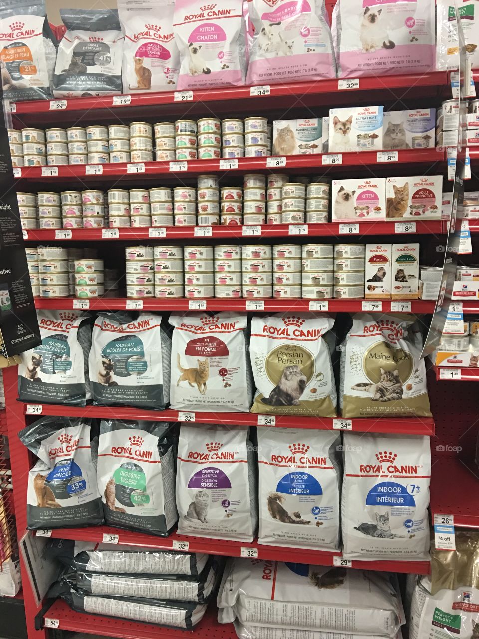 Cat food display brand Royal Canin at a pet store with blood red shelving. 