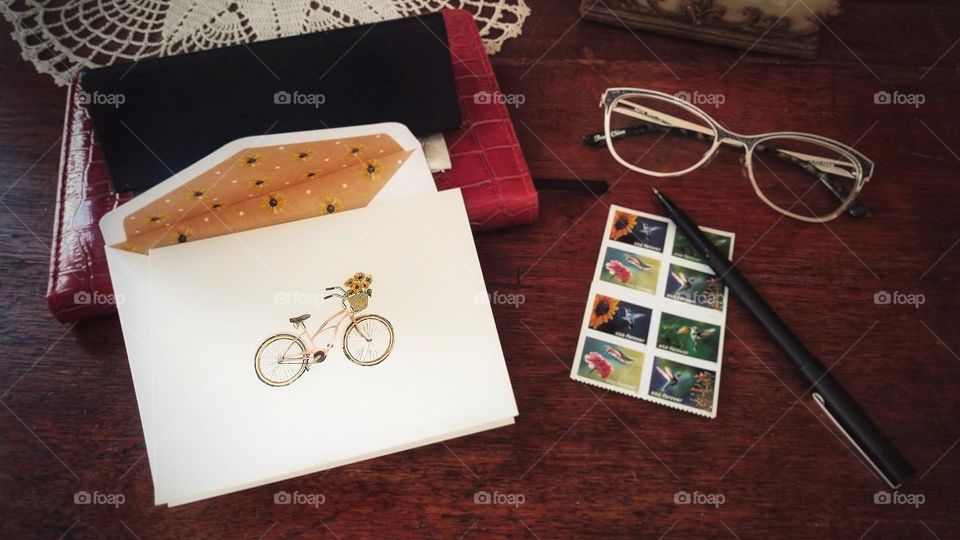 Writing Desk with a Note Card & Stamps