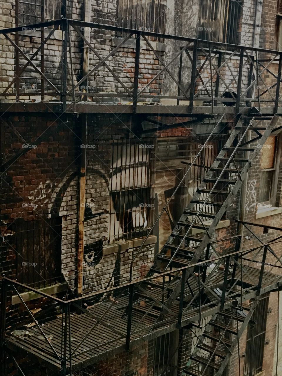 The interesting character of a Detroit alley and fire escapes 