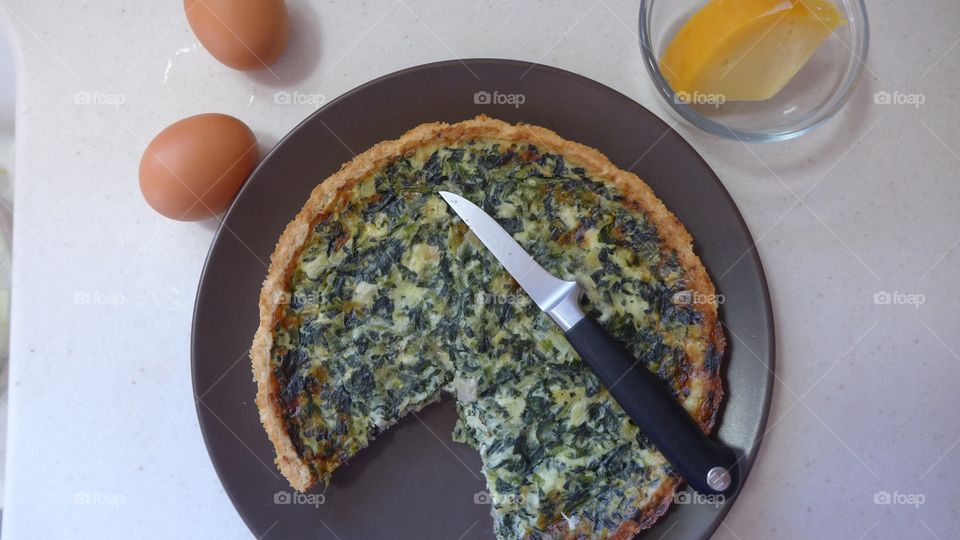 Directly above view of quiche lorraine