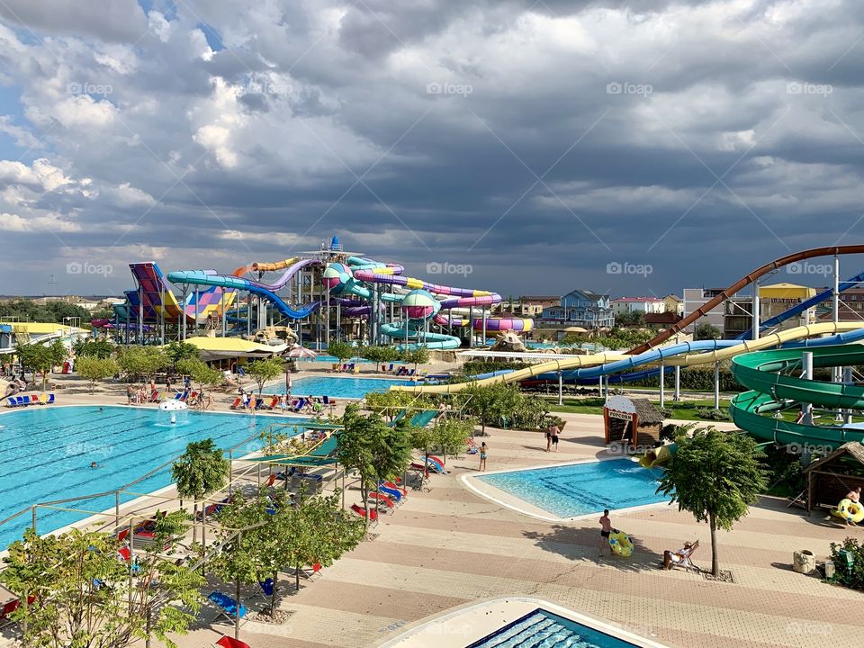 Storm clouds over the water Park. Summer vacation. 