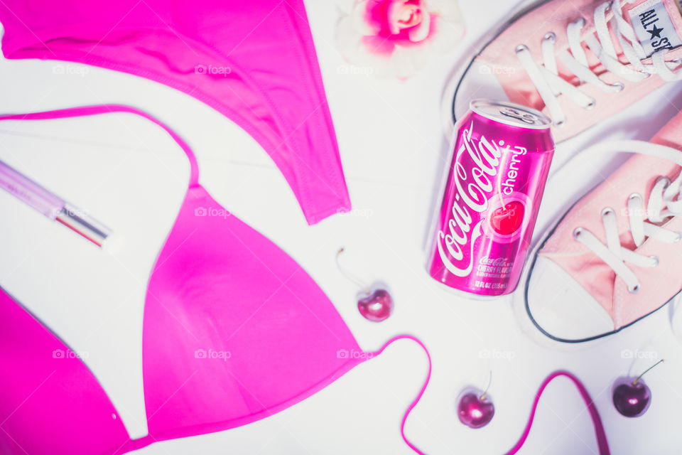 Cherry coke flat lay.