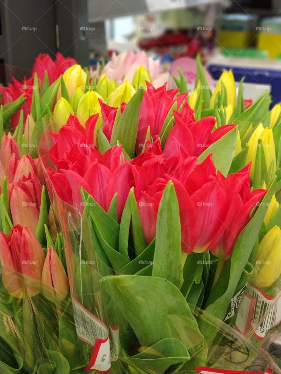 bright bouquets of tulips in the store