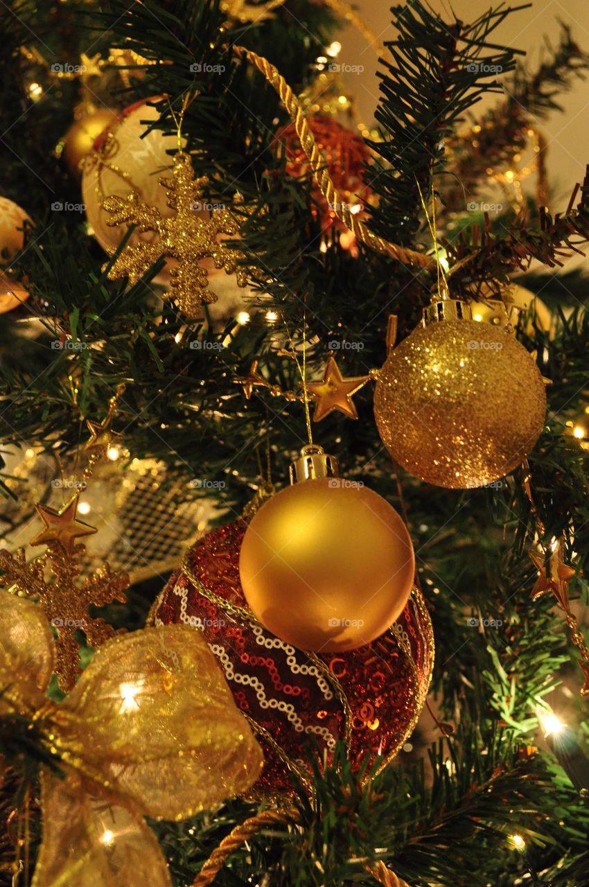 Christmas tree golden balls and ornaments close up, Christmas decorations, festive and holidays season 