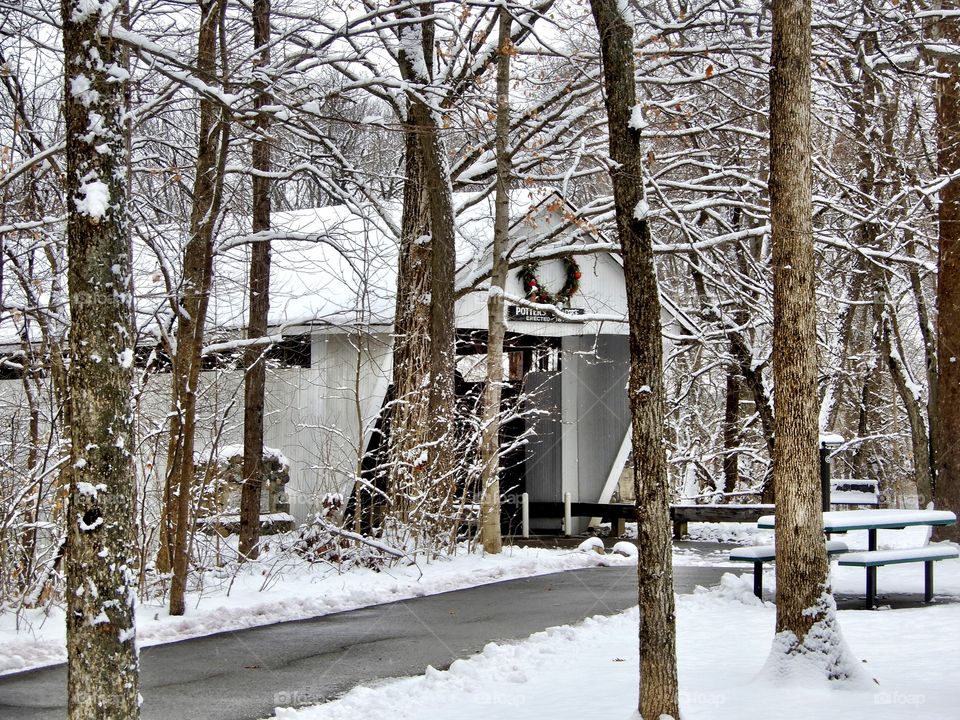 Covered bridge and some trees on a trail on a snowy day in Indiana after some snow 