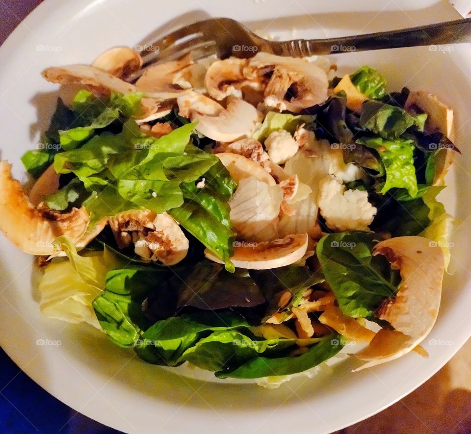 Gourmet salad with two kinds of lettuce, fresh sliced mushrooms, sunflower seeds, & caesar style croutons. Ready for Ranch dressing!