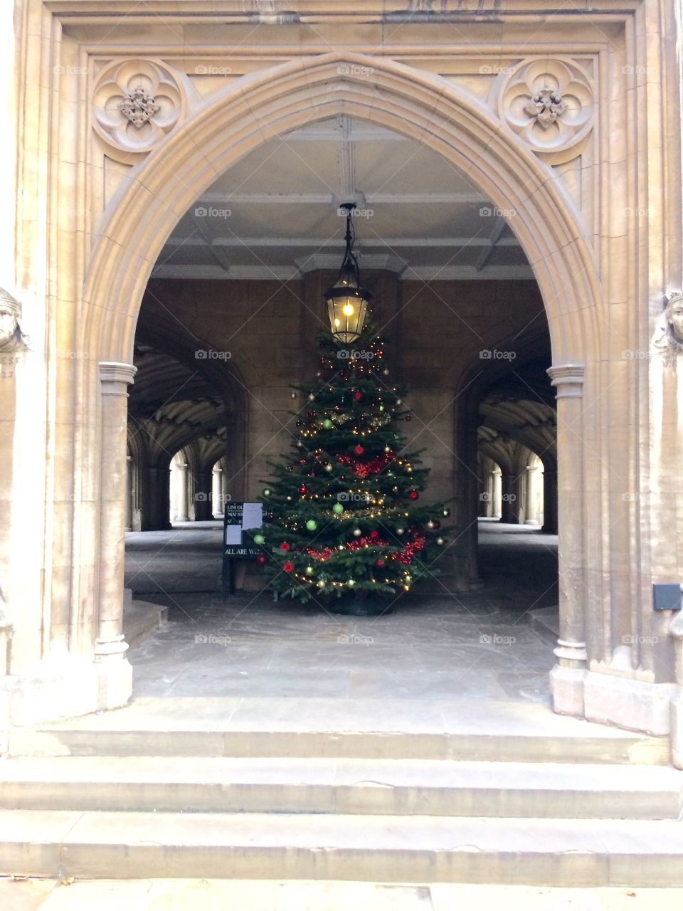 Decorated Christmas Tree in ornate arch in undercroft of church, Lincoln’s Inn, London