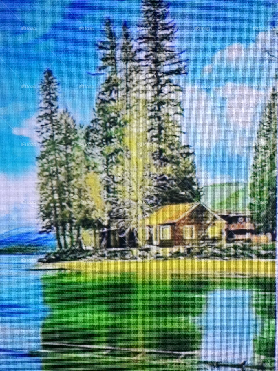 paisagem  com lagoa verdiada fundo azul