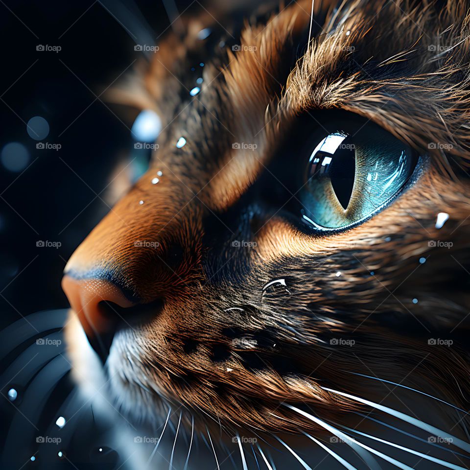 close up of a cat face with round eyes, in the style of vray tracing, photo-realistic techniques